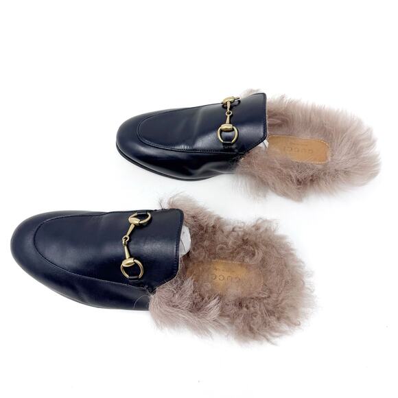 GUCCI Princetown Black Leather Fur Lined Loafer Mule with Bronze Horse Bit 37 - Picture 5 of 8